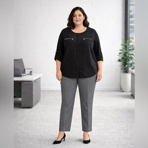 Anne Klein Black Blouse XL Gold Zip Faux Pocket Career Top Roll Tab Sleeve